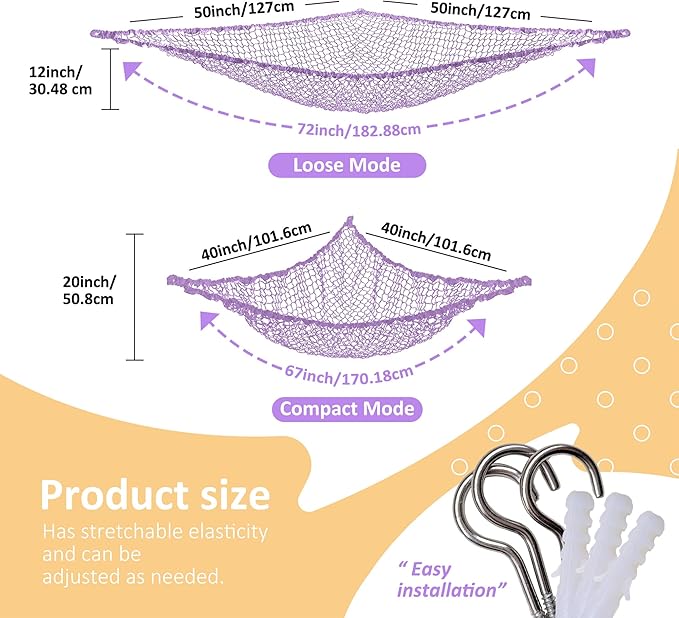 Lazebox Stuffed Animal Net Hammock for Plushie Toys, Stuffed Animal Hammock Corner for Kids' Room Decor, Ideas for Organizing Stuffy Collection, Purple, L (67" x 40" x 40")-Pack of 1