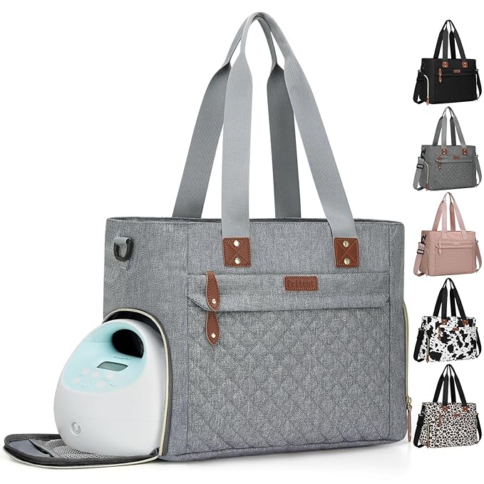 Pritent Diaper Bag Tote for Working Mom, Large Travel Diaper Tote for Mom and Dad with 14 Inch Laptop Sleeve, Mommy Maternity Travel Baby Bag for Boys and Girls, Grey
