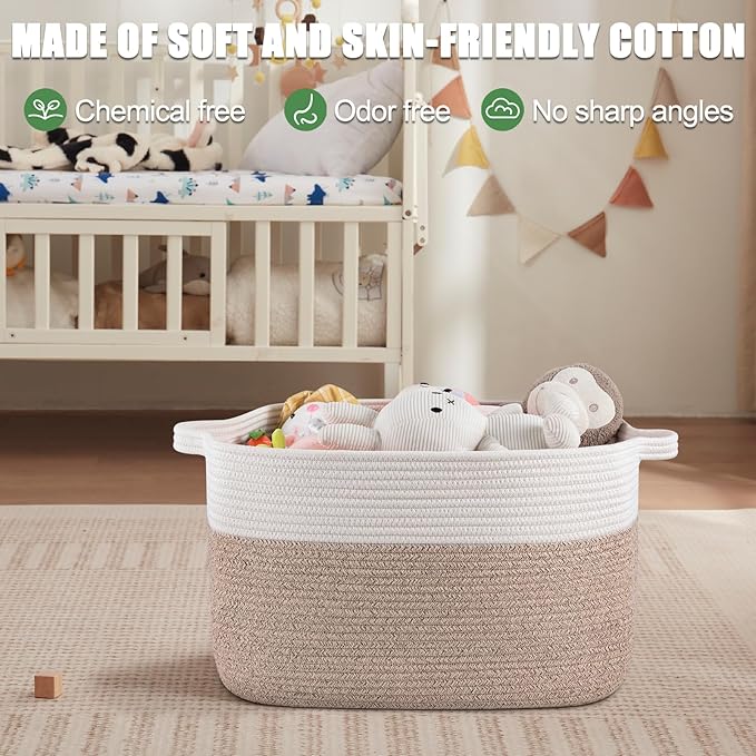 SIXDOVE 65L Large Storage Basket, Cotton Rope Woven Blanket Basket, Toy Storage for Baby Room, Living Room, Brown & White