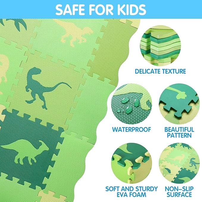 Tamiplay Foam Play Mat for Kids，25Pcs Square Interlocking Puzzle Floor Mat，Baby Play Mat Floor Mat Foam Puzzle Playmat for Toddlers with Fence - Green Dinosaurs
