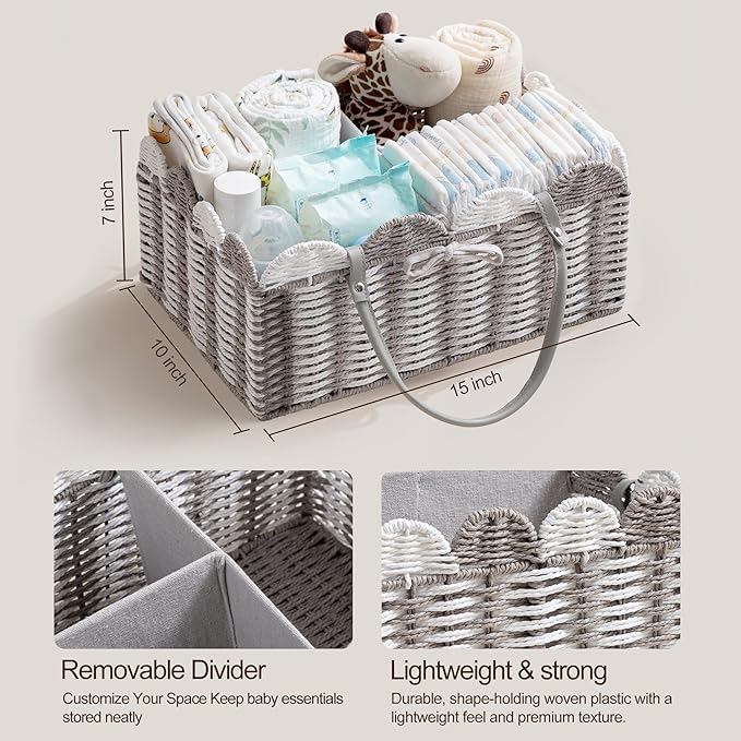 HBlife Large Baby Diaper Caddy, Paper Rope Storage Baskets Nursery Bin with Removable Divider, Portable Car Organizer for Diapers, Baby Shower Gifts, Newborn Essentials Must Haves