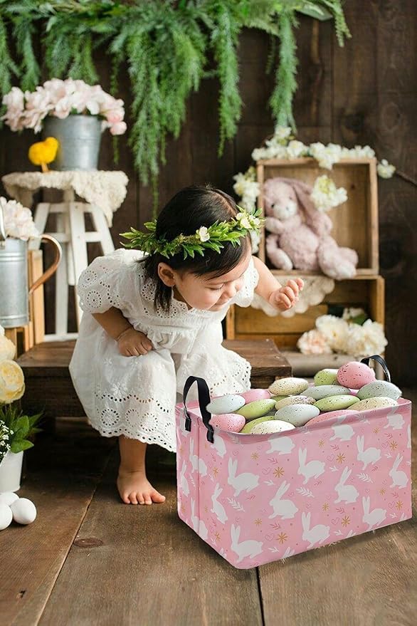 KUNRO Bunny Easter Basket Storage Basket Gift Shelf Basket Storage Bin, Nursery Basket Organizer Box for With Handles for Room Deco