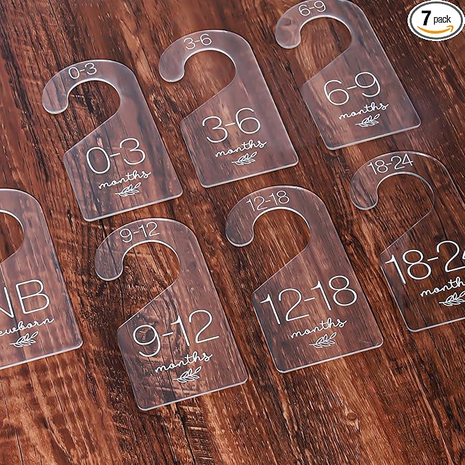 Whaline 7Pcs Baby Closet Size Dividers Clear Acrylic Infant Clothes Hanger Separators Newborn to 24 Month Thicken Wardrobe Hanger Organizers for Home Nursery Baby Clothing, 3.5 x 7Inch