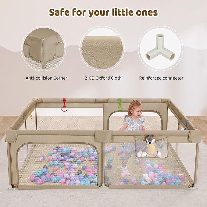 Dripex Large Baby Playpen 71×59 Inch, Large Playpen for Babies and Toddlers- Indoor & Outdoor Kids Safe Play Yard, Soft Breathable Visible Mesh, Anti-Fall & Anti-Slip Design Baby Fence, Khaki