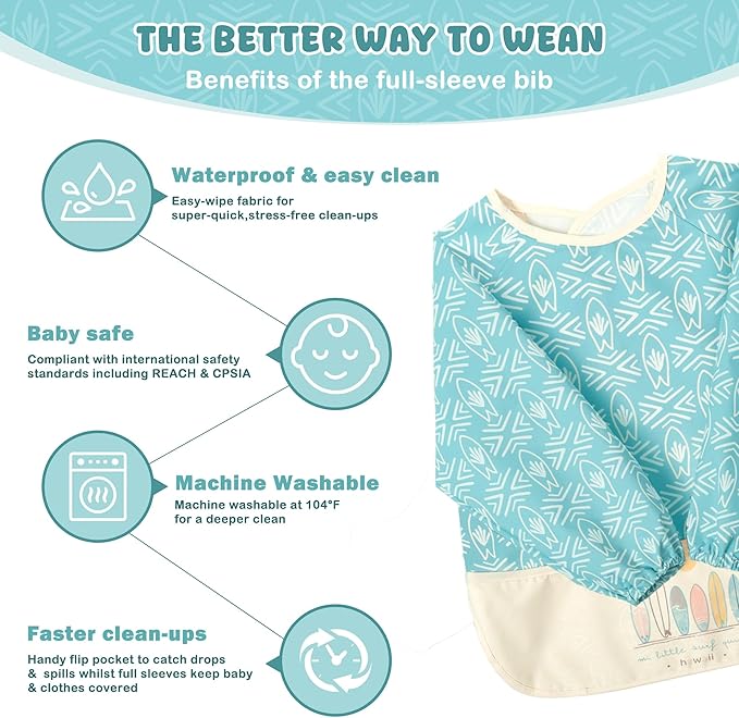 Little Dimsum Mess-Proof Baby Bibs|Infant Toddler Long Sleeve Waterproof Feeding Smock|Catching Food & Wipe Clean