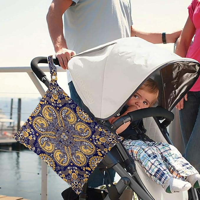 visesunny Golden Paisley Pattern 2Pcs Wet Bag with Zippered Pockets Washable Reusable Diaper Bag for Travel,Beach,Pool,Daycare,Stroller,Diapers,Dirty Gym Clothes, Wet Swimsuits, Toiletries