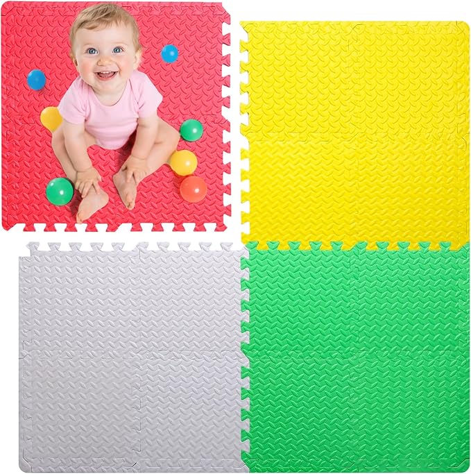 Coolcandy Baby Foam Play Mat 16Pcs with Edge Strips, 4 Colors Interlocking Floor Tiles, 0.4″ Thickened Non-Slip Puzzle Floor Mat for Infants Toddlers Playroom & Daycare