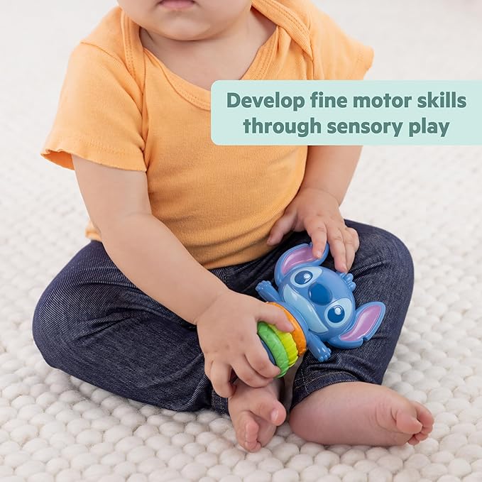 Bright Starts Disney Baby Stitch Twist-a-Stitch Fidget Toy with Textured Rings and Rattle Beads, On The Go Toy for Newborns & Up