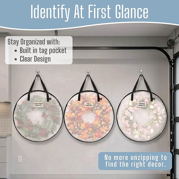 VENO 36 Inch Wreath Storage Container, 4 Pack Clear Round Christmas Wreath Storage Bag, Heavy Duty Clear Holder with Wall Hanging Handles
