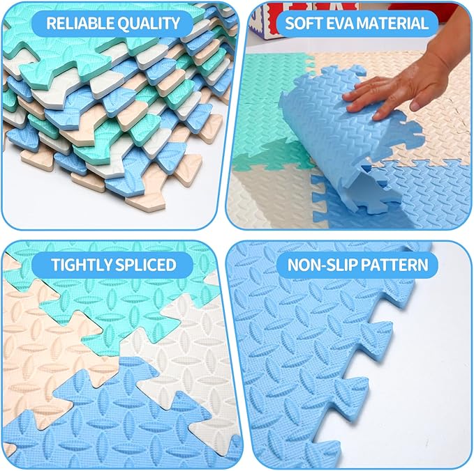Coolcandy Baby Foam Play Mat 16Pcs with Edge Strips, 4 Colors Interlocking Floor Tiles, 0.4″ Thickened Non-Slip Puzzle Floor Mat for Infants Toddlers Playroom & Daycare
