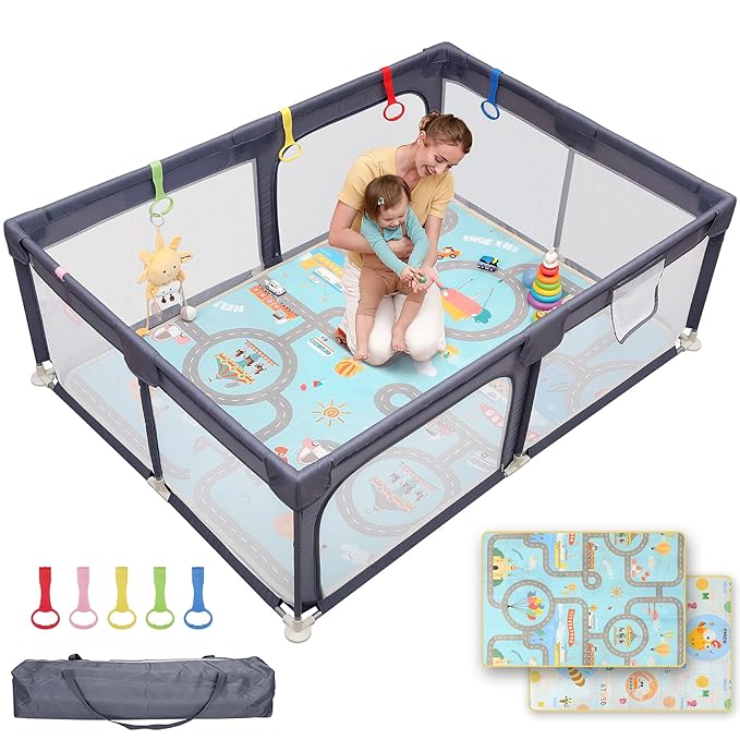 Dripex Baby Playpen with Mat, 71"x47" Play Pen for Toddlers 1-3 Years, Soft Breathable Visible Mesh, Indoor/Outdoor Portable Play Yard with Mat, Safe Baby Fence Play Area, Dark Grey