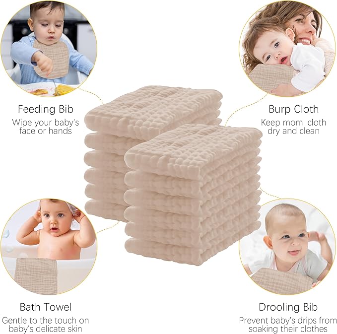 Lovely Care 12 Pack Muslin Burp Cloths 100% Cotton Muslin Cloths Large 20''x10'' Extra Soft and Absorbent Baby Burping Cloth - Brown