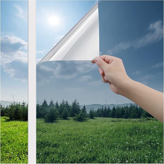 Haton Window Privacy Film One Way Window Tint for Home, Sun UV Blocking Heat Control Reflective Mirror Film, No Glue Static Cling See Out Not in Glass Door Covering, Silver, 29.5" x 78.7"