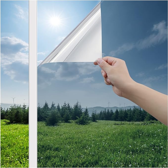 Haton Window Privacy Film One Way Window Tint for Home, Sun UV Blocking Heat Control Reflective Mirror Film, No Glue Static Cling See Out Not in Glass Door Covering, Silver, 29.5" x 157.4"