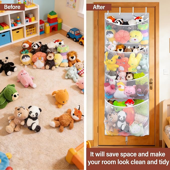 Woodoulogy Hanging Stuffed Animal Storage, Over Door Large Plush Toy Organizer with Metal Hook, Baby Accessory Holder Idea for Nursery, Doll & Bear Mesh Hammock Bag for Girl Boy Kid Room