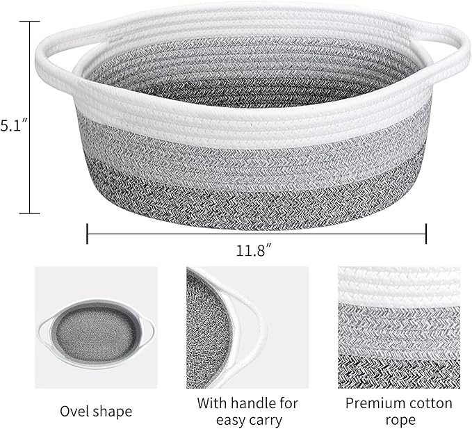 ABenkle Small Basket with Handles - Decorative Durable Rope Woven Storage Bin Shelf Storage Organizer Cube, Easter Baby Gift Basket, 12"x8"x5"