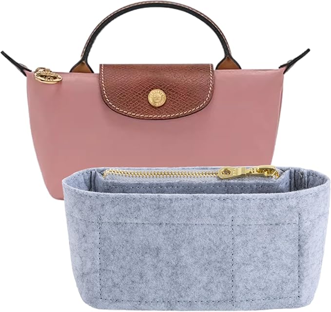 Mini Purse Organizer Insert for Longchamp Le Pliage Small Tote – Felt Inner Bag Liner with Zipper Pocket, Lightweight Storage for Mini Handbags, Gray