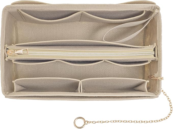 Purse Organizer Insert, Handbag Organizer with Zipper, Tote Shaper with Cup Holder & Keychain, Compatible with LV, Neverfull, MK, COACH, Longchamp, Kate Spade – Beige-Lg