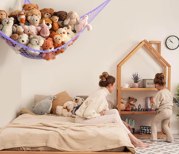 Stuffed Animal Storage Hammock Net Corner - Large Toy Hammock Net for Stuffed Animals Room Decor - Cute Stuff Animal Organizer Holder for Plush Plushie - Kids Baby Nursery Wall Bedroom Home Decor