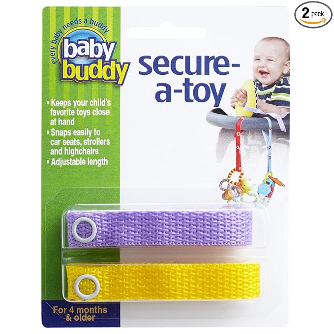 Baby Buddy Secure-a-Toy, Adjustable Pacifier and Teether Strap for Stroller, Highchair, and Car Seat, Lilac Yellow, 2 Pack