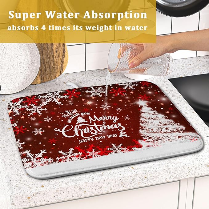 Happy New Year Red Dish Drying Mat for Kitchen Counter,Merry Christmas Tree Snowflake Drying Mat 16 x 18 Inch with High Absorbent Reversible Microfiber Dish Drying Pad Drainer Mat for Coffee Bar