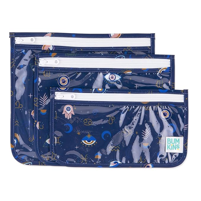 Bumkins Travel Bag, Toiletry, TSA Approved Pouch, Zip Bag, Quart Size Airline Compliant, Clear-Sided, Baby, Diaper Bag Organization, Makeup, Accessories, Carry On Packing, Set of 3 Sizes, Evil Eye