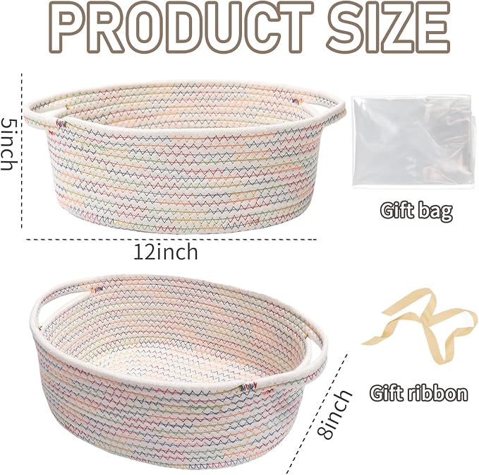 JMvicyroam Woven Basket,Small Rope Storage Bin with Handles & Ribbon Bag, Organizer for Shelves Closets,Gift Basket Empty for Birthday,Books,Dog Toys, Colorful/3 Pack