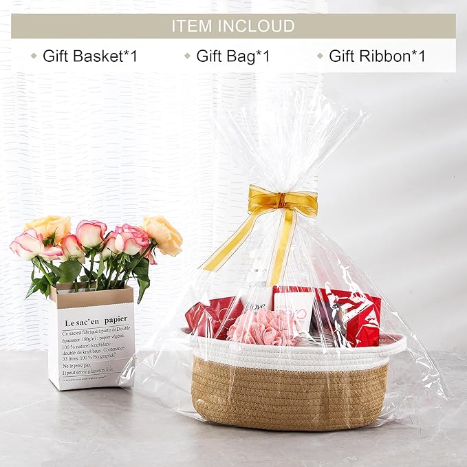 LANDNEOO Small Woven Basket with Gift Bags and Ribbons, Empty Decorative Gift Chest Box, Cute Baby Gift Basket for Nursery, Cotton Rope Room Shelf Storage Basket with Handles, 12"x 8"x 5", Yellow