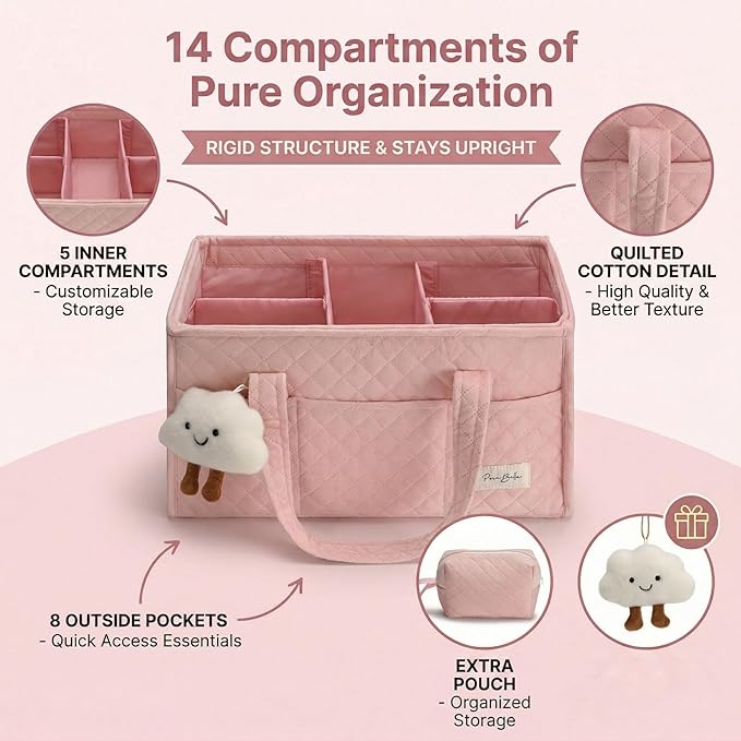 PeraBella Baby Diaper Caddy Organizer, Baby Basket Shower Gift, Portable Changing Table Basket, Postpartum Caddy & Tote Bag Pouch, Newborn Boy & Girl Nursery Essentials Registry, Car Diaper Organizer
