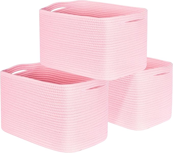 MINTWOOD Design 3-Pack Decorative Woven Storage Baskets for Shelves, Cube Bin Box for Organizing Books, Shoes, Dog Toys, Pantry Closet and Living Room Organizer, Soft Pink