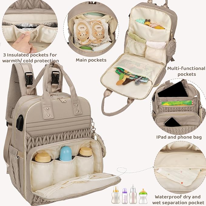 CandyHome Diaper Bag Backpack, Stylish Travel Baby Diaper Bags with Changing Pad, Insulated Pockets, Waterproof Baby Bag Converts into Tote Bag, Diaper Backpack, Stroller Bag (Khaki)