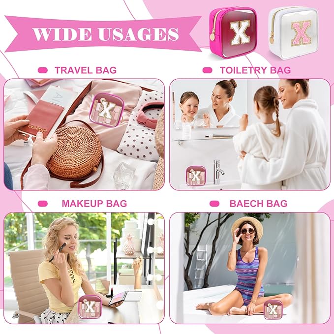 Personalized Initial Letter Clear Preppy Makeup Bag,Mini Nylon Chenille Letter Cosmetic Bag Cute Zipper Pouch Coin Purse for Teen Girls,Portable TSA Approved Travel Essentials Bag Gift for Women,X