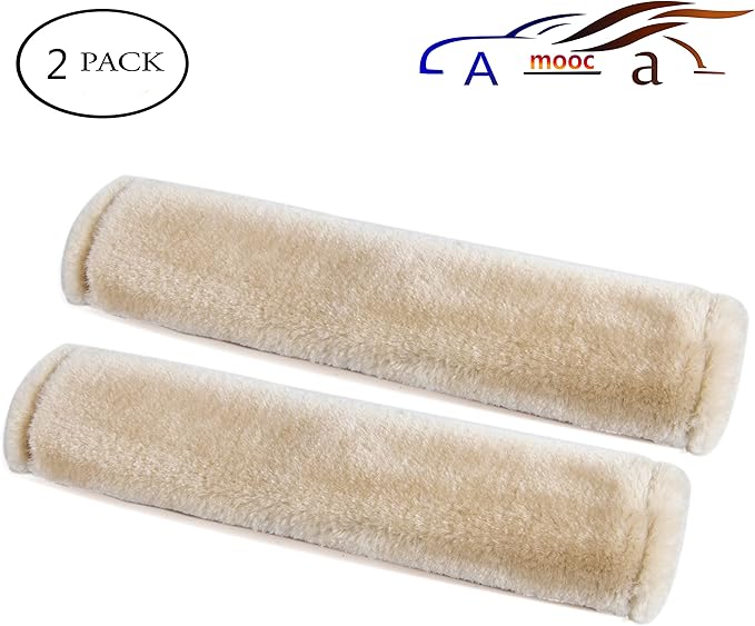 Amooca Soft Faux Fur Universal Fit Seatbelt Cover Car Truck SUV Airplane Seat Belt Shoulder Pad for Carmera Backpack Straps Neck Cushion Protector 2 Pack 10.5in Beige