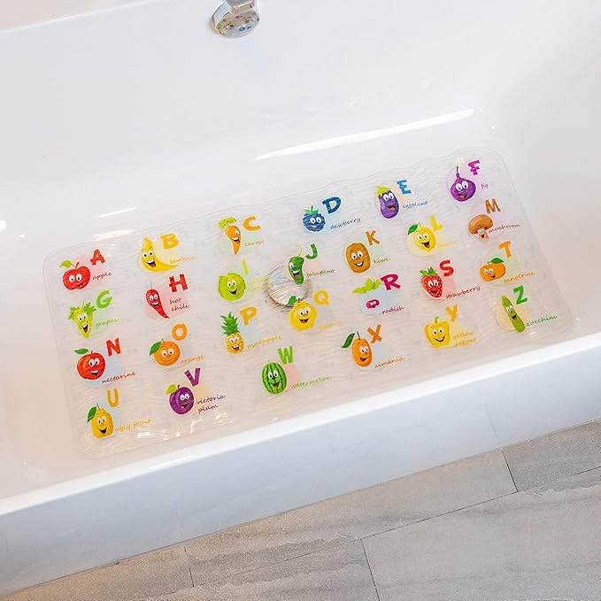 BEEHOMEE Polyvinyl Chloride (PVC) Bath Mat, Alphabet, Square, XL Size, 35x16 inch, Textured Pattern, Suction Cups - Bath Mats for Tub Kids