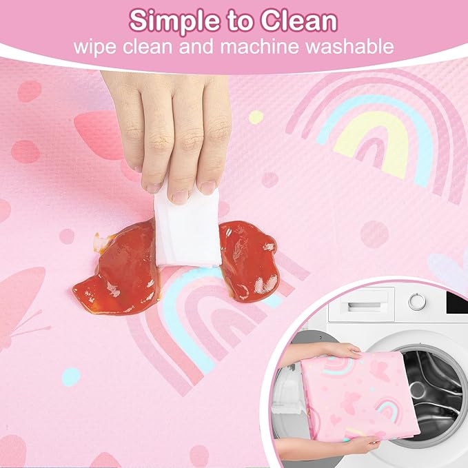 Basumee Splat Mat High Chair Mat Waterproof Baby Play Splat Mat for Under High Chair Food Catcher Highchair Mat for Floor Non Slip Bottom, Pink Rainbow, 60x60 Inches