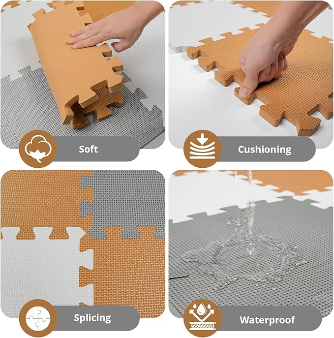 36Pcs Baby Play Mat for Floor, Foam Floor Tiles for Kids with Interlocking, Squares Foam Puzzle Carpet for Playroom,Crawling Rug for Babies 6-12 Months,Toddlers,11.8*11.8*0.6In Each,Grey White Brown