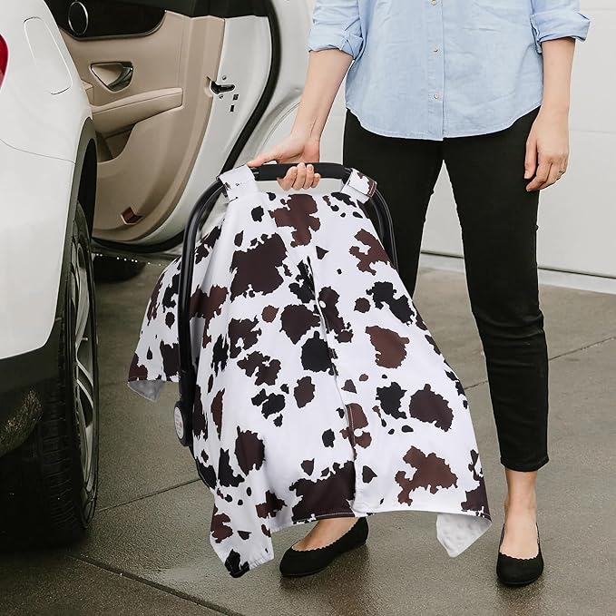Rquite Car Seat Cover Baby, Carseat Covers Baby Boy, Minky Infant Car Seat Cover Winter, Peekaboo Opening Car Seat Canopy, Multi-use Baby Carrier, Stroller, Nursing Cover, Minky Blanket, Cow Print