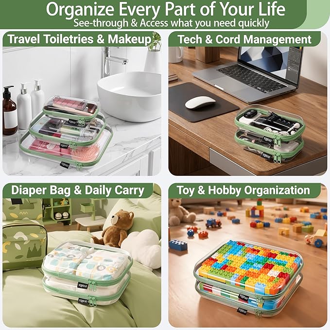 6 Pack Green Clear Hard Shell Beauty Organizer (2M+4S), 1.2mm Heavy Duty Crush-Proof Cosmetic Case, Reinforced YKK Zippers, Stadium Approved Security Bag for Skincare & Electronics, Multi-Size Set