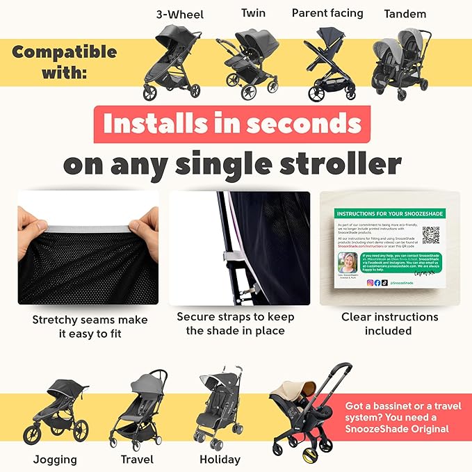 SnoozeShade Plus Extra, Stroller Sun Shade, Mosquito Net for 6m+ Babies, Blocks 99% of UV (UPF 50+) Universal Fit Blackout Sleep Cover with Peekaboo Window, Breathable Mesh Canopy for Single Strollers