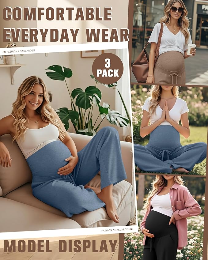 3 Pcs Maternity Sweatpants Over The Belly Pregnancy Straight Wide Leg Elastic Drawstring Pants Joggers with Pockets
