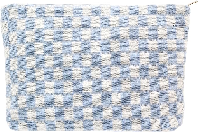 PAZIMIIK Knit Checkered Makeup Bag Large Zipper Make Up Accessory Pouch for Purse Cosmetic Brush Bag for Travel Essential,Blue