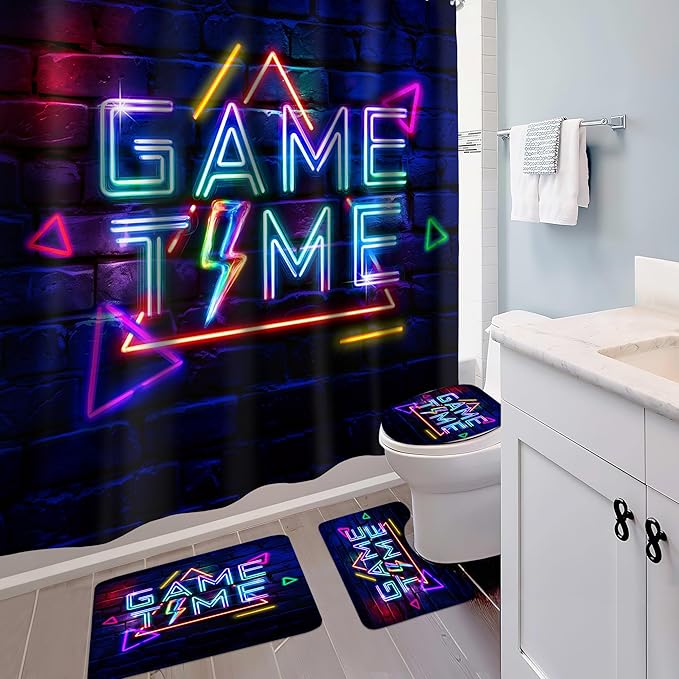 4 PCS Game Time Shower Curtain Set 72Wx72H Funny Neon Gaming Boys Children Bathroom Set Non-Slip Bath Rug Toilet Lid Cover U Shape Mat Complete Bathtub Accessories with 12 Hooks Bathroom Decor