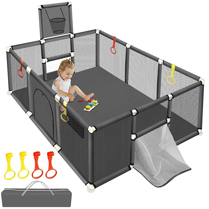 Large Baby Playpen 74''×50'', Play Pen Playards for Babies Toddlers, Ball Pit with Basketball Hoop & Soccer Nets, Kids Activity Fence Play Yard with Anti-Slip Base & Soft Breathable Mesh (Dark Grey)