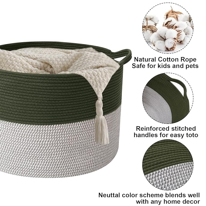 Large Storage Basket with Handle,19.7" L x 19.7" W x 13" H Blanket Basket Storage Bins for Organizing,65L Cotton Rope Woven Baskets for Living Room, Nursery,Bedroom,Green&White