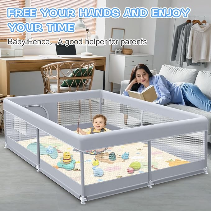 Baby Playpen with Mat, 50 x 50 Inch Play Pen Playards, Playpen for Babies and Toddlers, Baby Playard for Indoor & Outdoor Active Center Game Fence, Skin-Friendly Fabric and Soft Breathable Mesh