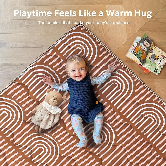 Mallify Soft Thicker Baby Mat for Floor 50"x50", Non-Slip Baby Play Mat, Easy to Clean 50x50 Playpen Mat, Portable Playmat, Crawling Mat for Infants, Babies, Toddlers, Activity Mat, Rainbow, Brown