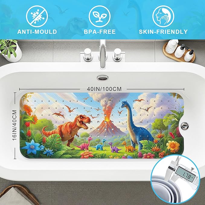 Upgrade Cartoon Baby Bath Mat Non Slip - 40"x16" Extra Long Bathtub Mat for Baby Eco Friendly Durable Bath Mat for Tub Non Slip Kids Tub Mat with Suction Cups, Machine Washable and No Fading, Dinosaur