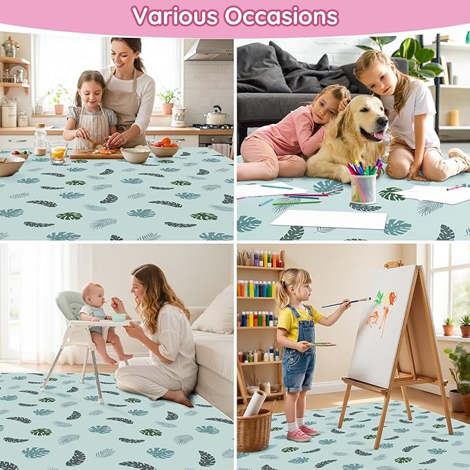 Basumee Splat Mat High Chair Mat Waterproof Baby Play Splat Mat for Under High Chair Food Catcher Highchair Mat for Floor Non Slip Bottom, Blue Leaves, 51x51 Inches