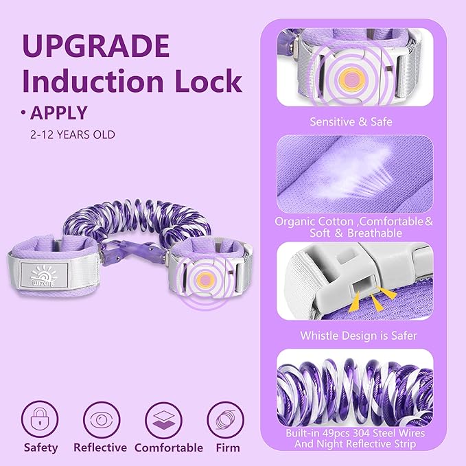 Anti Lost Wrist Link,Toddler Harness Walking Leash with Induction Lock,Reflective Child Wrist Leashes for Baby,6.56ft Kids Leash for Supermarket Mall Airport Amusement Park Zoo Travel（Purple）