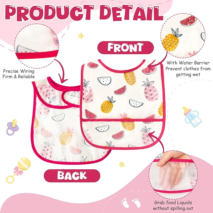 2ooya 6Pcs Baby Bibs for Eating Toddler Feeding Bibs with Crumb Catcher Pocket Fruit Adjustable Sleeveless Teething Plastic Food Bib Set Waterproof Infant Keepsake Gift for Baby Shower, 6-24 Months